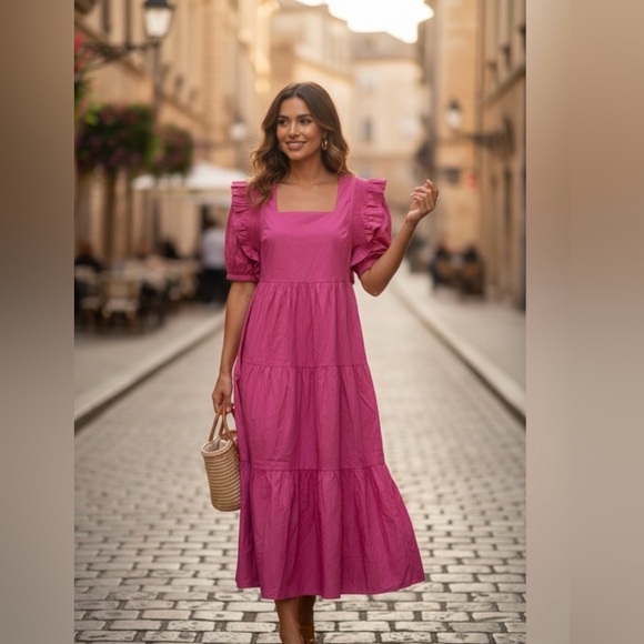 English Factory Dresses & Skirts - English Factory Magenta Square-Neck Tiered Midi Dress- NWT Sz XS
